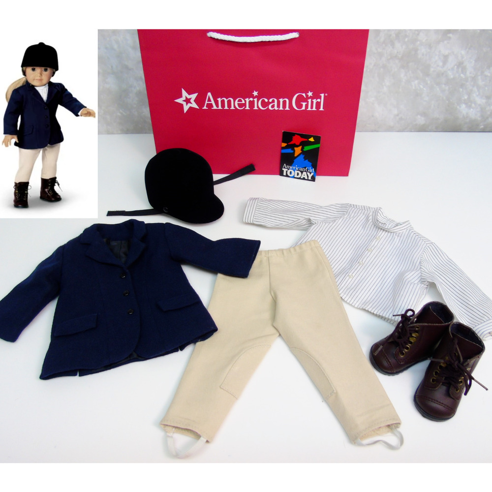 American Girl Horse Riding Outfit Blue Ribbon Breeches Helmet Boots Jacket Shirt